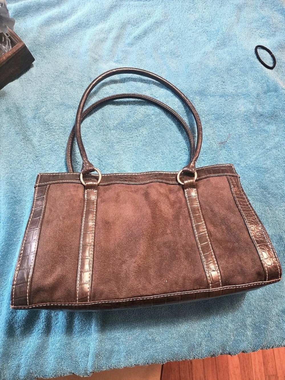 Brown Faux Suede Croc Embossed Shoulder Satchel Bag